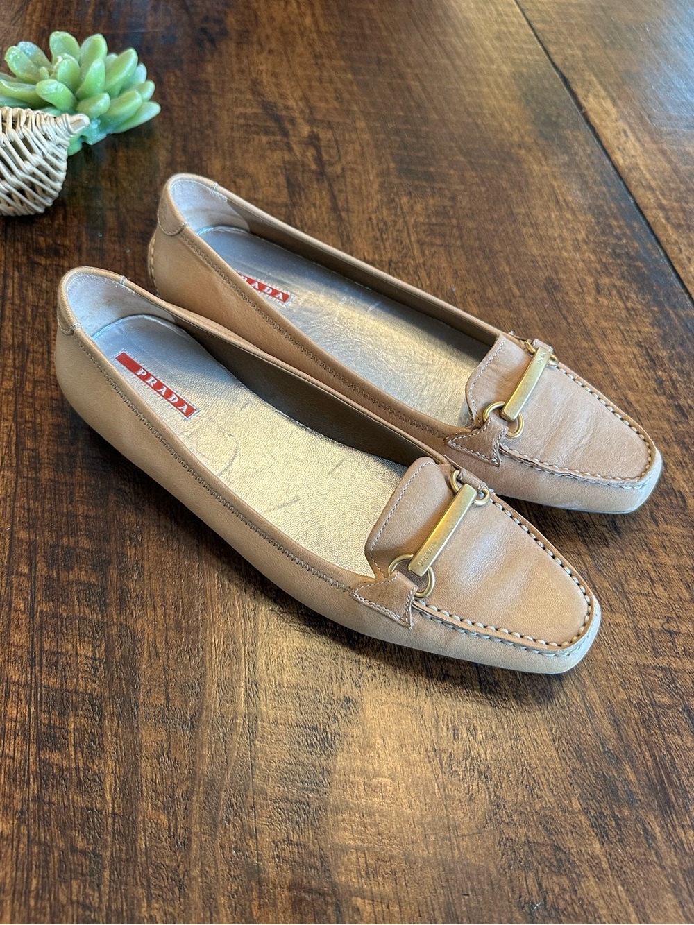 Prada | Vintage Tan Leather Driving Loafers with Gold Hardware, Size 37